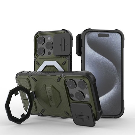 Kompatibel med IP-15PRO stødsikkert etui, telefonetui med stativ, mørkegrøn