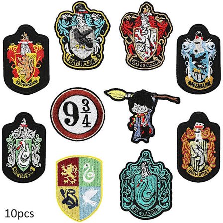 10 stk Harry Potter-tema broderte strykejern på lapper, DIY sy applikasjon reparasjonslapp, sy på/strykejern på lapp for jakke, jeans, bukser, 