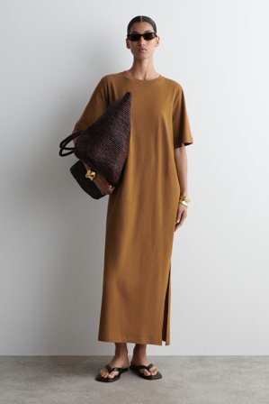 COS Women's Cotton-Linen Maxi T-Shirt Dress in Beige