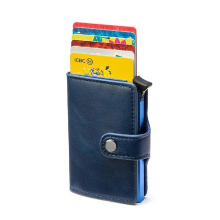 Damplånbok myntväska Metallkort Case Antimagnetisk automatisk popup-korttyp Bankkortshållare Blue