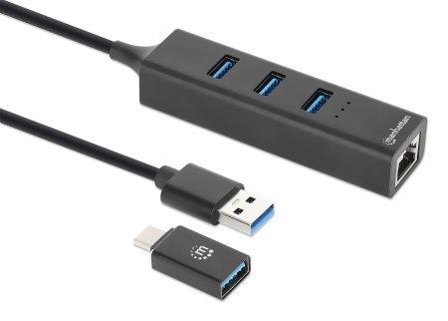 Manhattan 3-Port USB 3.0 Typ-C/A Kombo-Hub + Netzwerkadapter