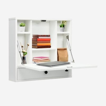 COSTWAY Vægmonteret sammenfoldelig bærbart skrivebord, med indbyggede hylder, skuffe, foldbar bakke, 60 x 15 x 57 cm, hvid