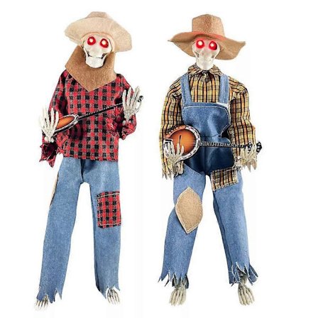 Animerede Bevægelige Lydaktiverede Musikalske Flersprogede Banjo Skelet Duo Halloween Efterår Indendørs Glødende Skelet Skelet Dekoration