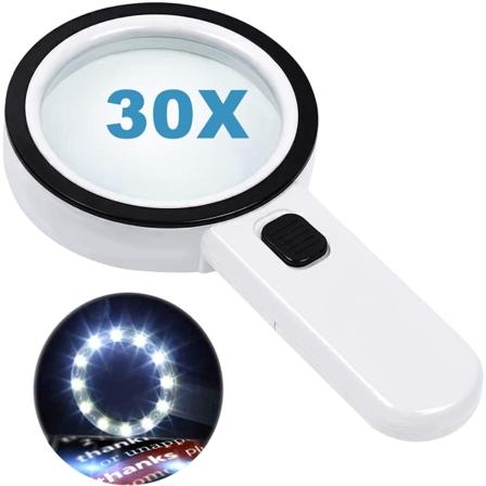 Læselup med 12 LED lys, dobbelt glas linse, 30x magn