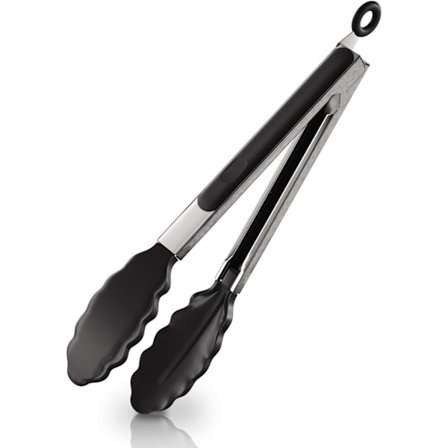 Silikone køkkentang med rustfrit stålhåndtag med let greb og smart låsesystem, buet silikonespids