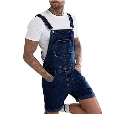 Mænd Casual Mode Solid Brystlomme Denim Ripped Shorts Straight Type Overalls