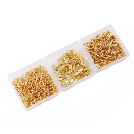 3 laatikkoa, sekoitettu karabiinilukko + pieni klipsi + yksinkertainen solki + pidennysketju DIY-koruvarusteet - kulta