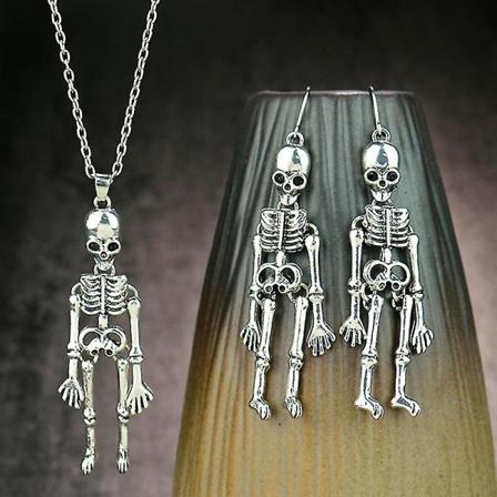 Halloween øreringe smykker menneskelige skelet vedhæng halskæde + kranium øreringe Antique Silver