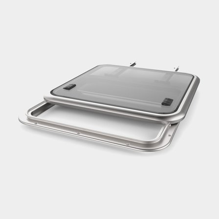Escotilla de cabina Lewmar Pilot Hatch 60, en riel, se abre completamente, 507 x 507 mm (medidas de corte), 581 x 577 mm (medidas exteriores), plata/