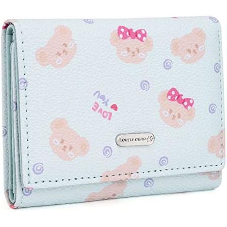 Kawaii Plånbok för Flickor Söt Björnpäls Vegan Läder Kortinnehavare Organizer Trifold Kvinnors Plånbok, Underbar Björnpäls A916-786 Blue