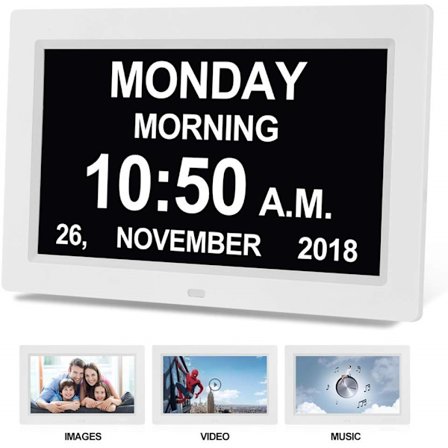 Digital kalender dag ur foto ramme (9-tommer sort) - Automatisk dæmpning display, stort synshandicap digitalt ur, med ikke forkortet dag og