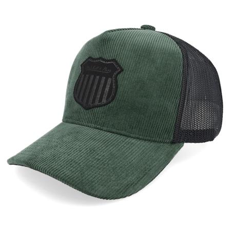 Mitchell & Ness - Cord Shield Bottle Green/Black A-Frame Trucker Trucker Green Cap - @ Hatstore