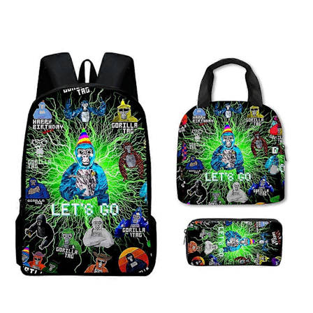 3 st/set Gorilla Tag Ryggsäck Barn Skolväska Ryggsäck Lunchväska Pennfodral Present