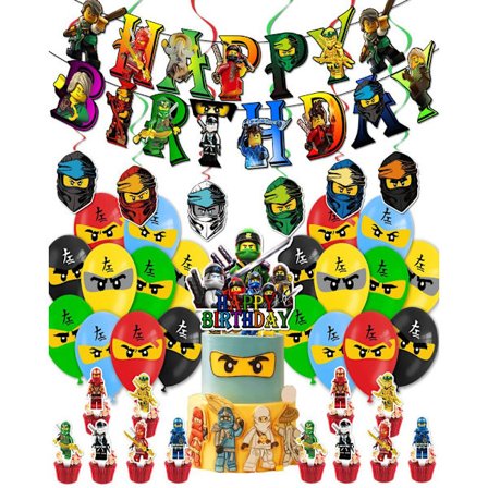 Dekorationer til børnefødselsdag, balloner, banner, kagedekorationer Blå Gul Grøn Sort Rød Blå Gul Grøn Sort Rød Blå Gul Grøn Sort Rød