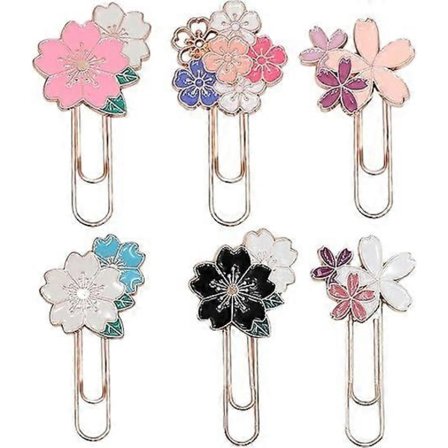 6 st Söta Gem Bokmärken, Roliga Färgglada Stora Metall Sakura Solros Tusensköna Rosa Gem Planerartillbehör (Sakura Flerfärgad) 33*65mm