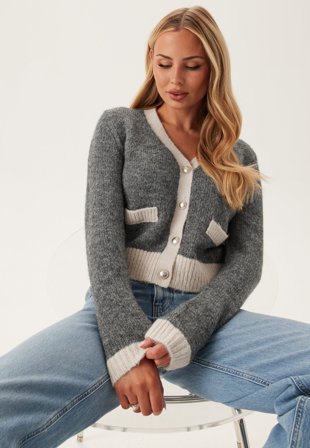 ONLY - Onlmaggie Life Ls V-neck Cardi - Medium Grey Melange Detail:Birch Contrast