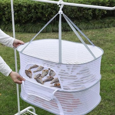 Kuivausteline, 2-kerroksinen riippuva verkkoteline kasveille, kokoontaitettava verkkokuivain silmuille, vesiviljelykukkille, vihanneksille, kalalle 