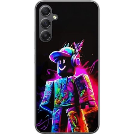 Kompatibel Mobilcover til Samsung Samsung Galaxy A15 5G Farverig Roblox-spiller i neonfarver mod sort baggrund i moderne gamingstil