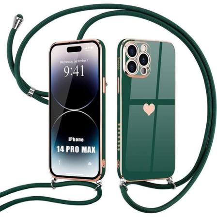 Telefonkedjefodral för iPhone 14 Pro Max Nattgrönt mjukt silikonhjärtamönster Nattgrönt