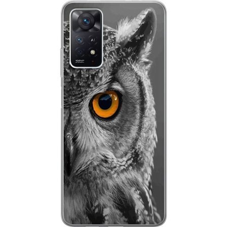 Yhteensopiva Puhelinkuori Xiaomi Redmi Note 11 Pro 5G Mustavalkoinen lähikuva pöllöstä, jossa on voimakkaan oranssi silmä ja yksityiskohtainen s