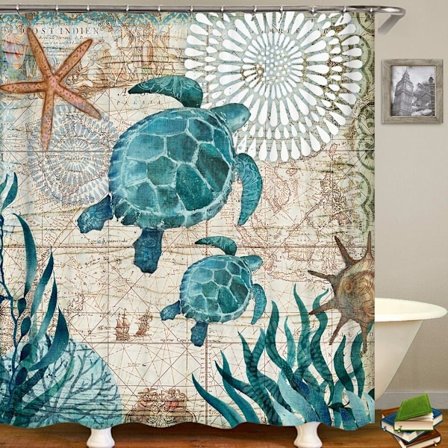 180 x 200 cm Nopeasti Kuivuva Suihkuverho (Merikilpikonna), Vedenpitävä Polyesterikangas Konepestävä, Kylpyhuoneen Verhot