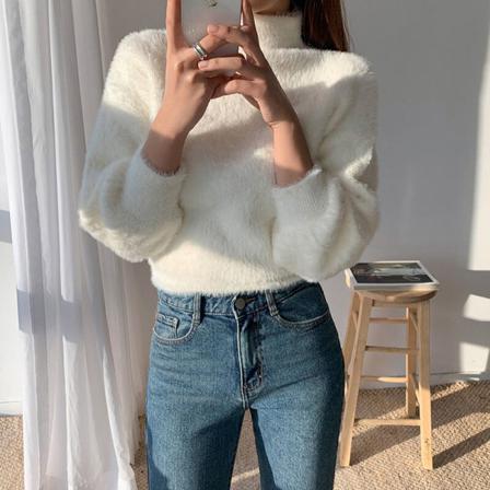 Dam Fuzzy Fleece Tröja Med Hög Hals Långärmad Vanlig Tröja