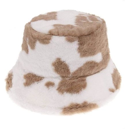 Bøllehat med ko-print, imiteret pels, plysset, blød uld, fuzzy fiskerhat
