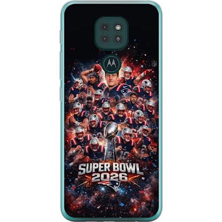 Yhteensopiva Puhelinkuori Motorola Moto G9 Play Super Bowl 2026 juliste, jossa New England Patriots ja NFL-mestaruuspalkinto räjähtävän urheilullisess
