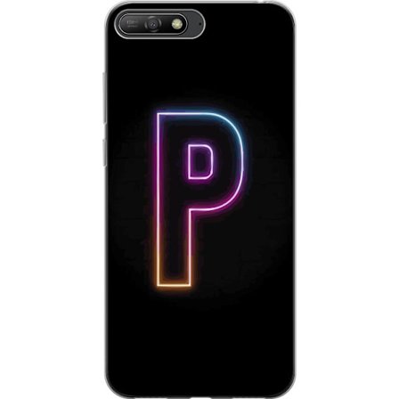 Kompatibel Mobilcover til Huawei Huawei Y6 (2018) Minimalistisk neonbogstav P i farvegradient og lyseffekt mod sort baggrund i digital neonstil