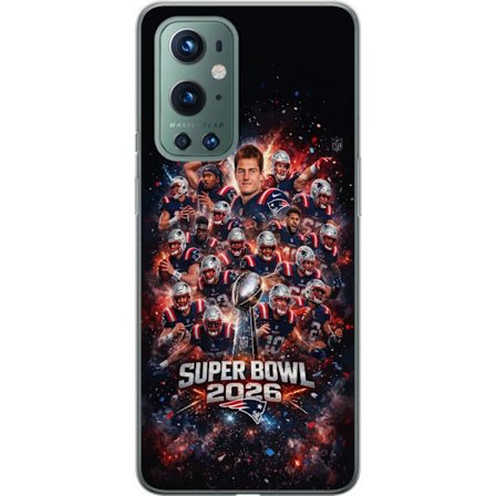 Yhteensopiva Puhelinkuori OnePlus 9 Pro Super Bowl 2026 juliste, jossa New England Patriots ja NFL-mestaruuspalkinto räjähtävän urheilullisessa suunni