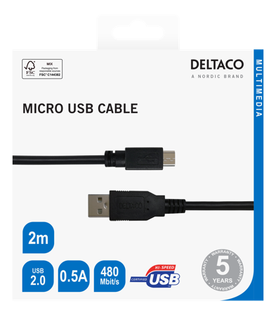 Deltaco USB 2.0 Micro B cable, 2.4A, 2m black