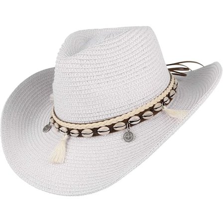 Ladies Summer Straw Cowboy Cowgirl Hat Sun Hats Wide Brim Beach Holiday Straw Hat with Shell Strap