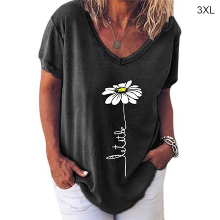 Kvinnor T-shirt V-hals Blomma Utskrift Top Kortärmad Lös