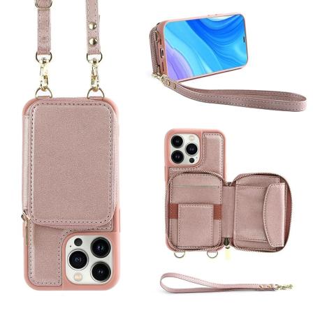 Crossbody dragkedja Case Kompatibel med Iphone 15 Pro Max, Pu Läder Stötsäkert cover med handledsrem & korthållare Rose Gold For iPhone 15 Pro Max