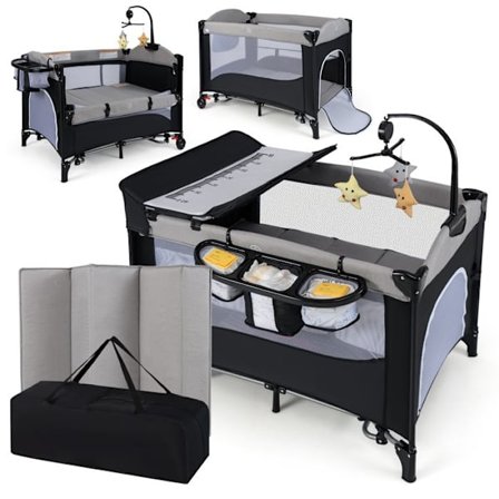 Lyst Paraply Baby Evolvable Madras 6 i 1 COSTWAY Skifteskib, 5 Højdjusterbare, Musikkasse og Hængende Legetøj Sort