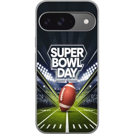 Yhteensopiva Puhelinkuori Google Pixel 9 Super Bowl Day juliste, jossa amerikkalainen jalkapallo valaistuksella varustetulla areenalla dramaattisessa
