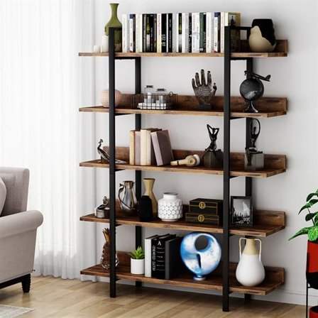 Puu- ja metallikirjahylly 5 hyllytasolla – vintage ruskea / musta