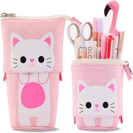 Vertikalt penalhus til piger og drenge, teleskopisk penalhus til fødselsdags- og julegave, grå kat