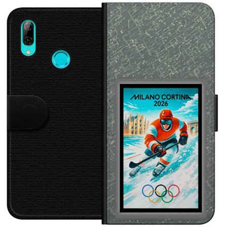 Yhteensopiva Lompakkokotelo Huawei P smart 2019 Curlingkuvitus pelaajilla ja kivillä jäällä, Milano Cortina 2026, lumisia roiskeita ja olympiasormukse