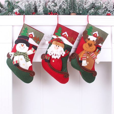 Julestrømper for familien, sett med 3, nytt broderi med paljetter, store dekorasjoner, rød hvit gull, hengende ornamenter, peis, juletre, 