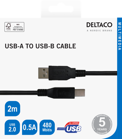 Deltaco USB-B 2.0 cable, suitable for printers, 2m black