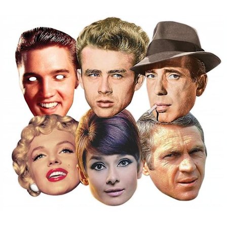 Hollywood Party Card Fancy Dress Masks Klassisk sett med 6 (Audrey Hepburn, Marilyn Monroe, Elvis, Humphrey Bogart, James Dean og Steve McQueen)