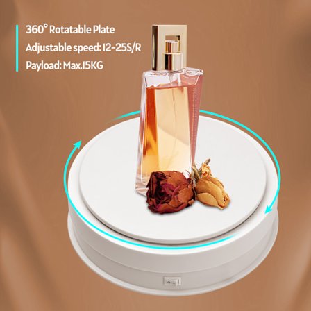 360 asteen valokuvausalusta, moottoroitu pyörivä 8 tuuman halkaisija 15 kg:n kantavuus pienille tuotteille, koruille, kelloille ja mallien esittelyyn