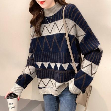 Kvinder Strik Efterår Vinter Sweater Pullover Diamant Plaid Yderbeklædning Løs tyk frakke Blue 68*120*48cm