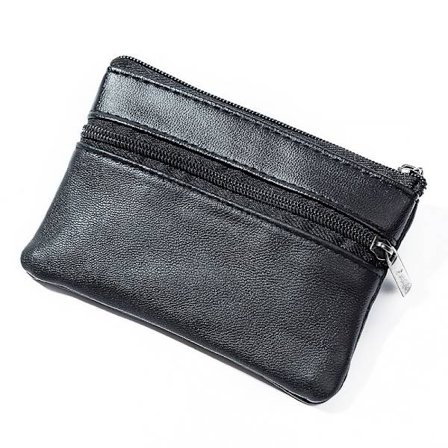 1 stk. sort lille ægte læderpung med lynlås - kortholder
