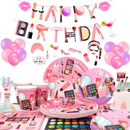 Dekorationer för födelsedagsfester med smink, festtallrikar med smink, servetter, festtillbehör med spa-tema