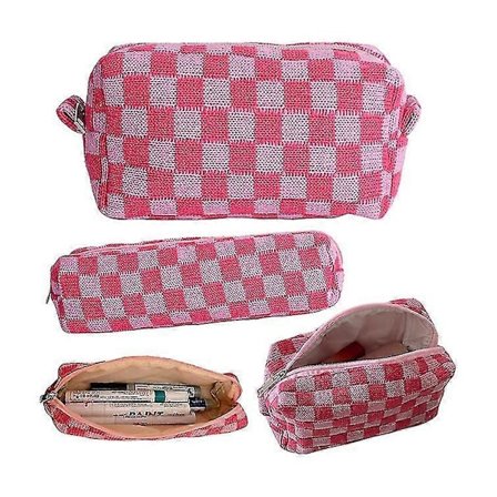 Rutig Sminkväska, 2 Stycken Sminkväska Kosmetikväska för Kvinnor, Blå Rutig Rese Toalettväska med Dragkedja, Bärbar Rutig Stor Kapacitet Plånbok