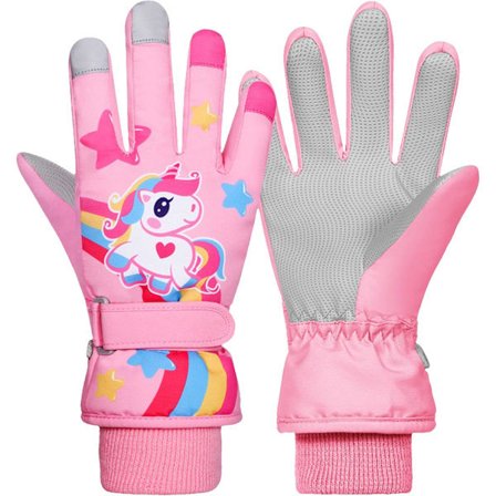 Hyggelige enhjørningehandsker til børn, vandtætte vinter skihandsker, fleeceforede snehandsker, varme termiske handsker til 3-9 årige drenge og piger,