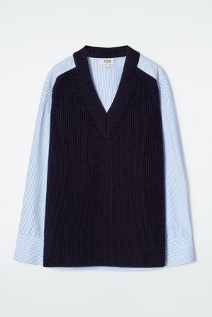 COS Femme Pull Déconstruit En Laine Et Popeline De Coton Jumper in Bleu