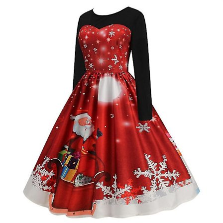 Julekjole til kvinder, lange ærmer, vintageprint, rund hals, A-linje Sort